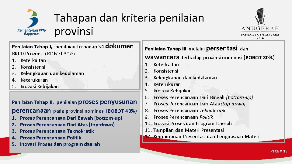 Tahapan dan kriteria penilaian provinsi Penilaian Tahap I, penilaian terhadap 34 dokumen RKPD Provinsi