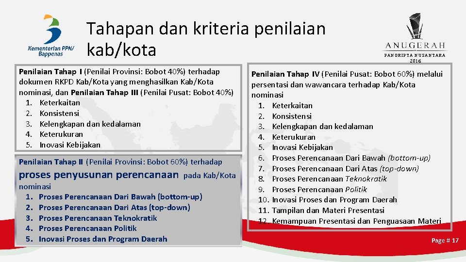 Tahapan dan kriteria penilaian kab/kota Penilaian Tahap I (Penilai Provinsi: Bobot 40%) terhadap dokumen