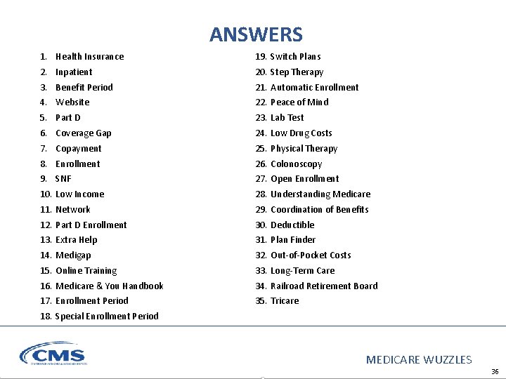 ANSWERS 1. Health Insurance 19. Switch Plans 2. Inpatient 20. Step Therapy 3. Benefit