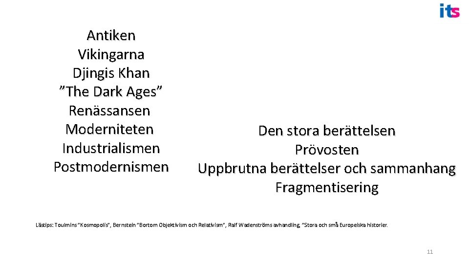 Antiken Vikingarna Djingis Khan ”The Dark Ages” Renässansen Moderniteten Industrialismen Postmodernismen Den stora berättelsen