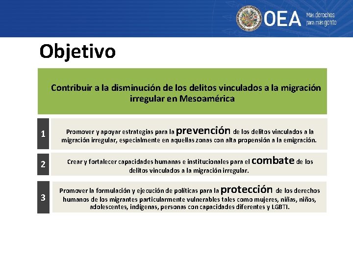 Objetivo Contribuir a la disminución de los delitos vinculados a la migración irregular en
