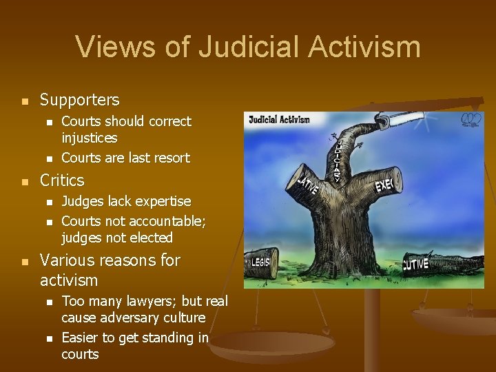 Views of Judicial Activism n Supporters n n n Critics n n n Courts