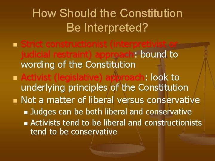 How Should the Constitution Be Interpreted? n n n Strict constructionist (interpretivist or judicial