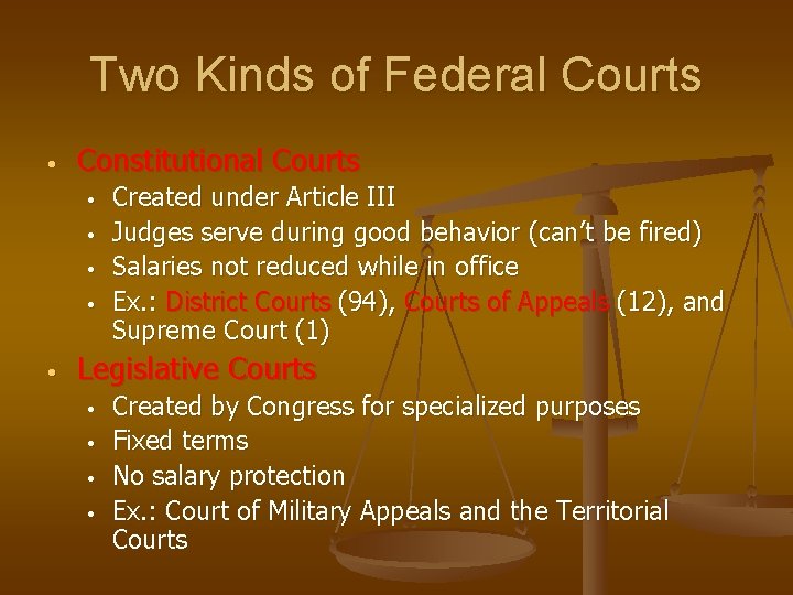 Two Kinds of Federal Courts • Constitutional Courts • • • Created under Article