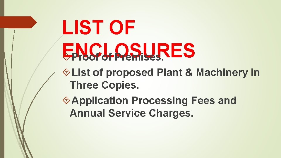 LIST OF ENCLOSURES Proof of Premises. List of proposed Plant & Machinery in Three