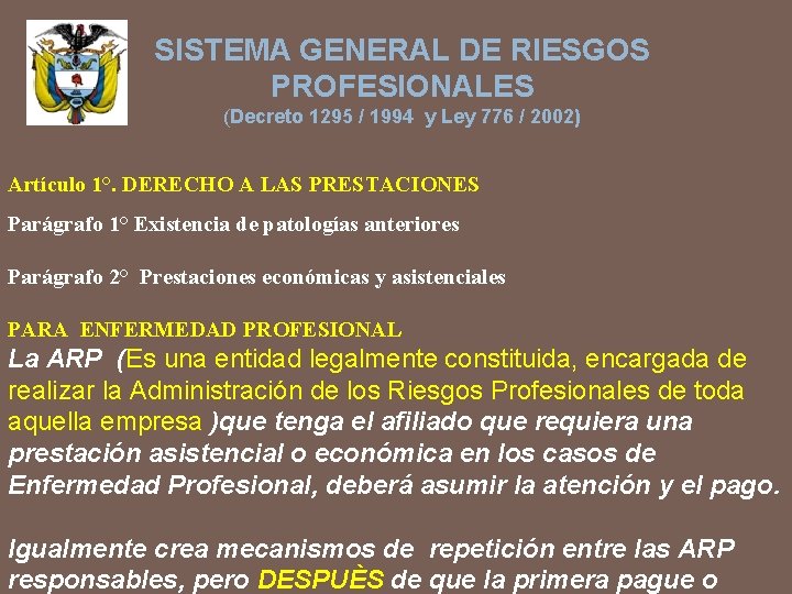 SISTEMA GENERAL DE RIESGOS PROFESIONALES (Decreto 1295 / 1994 y Ley 776 / 2002)