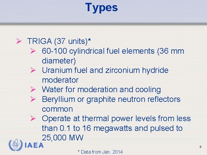 Types Ø TRIGA (37 units)* Ø 60 -100 cylindrical fuel elements (36 mm diameter)