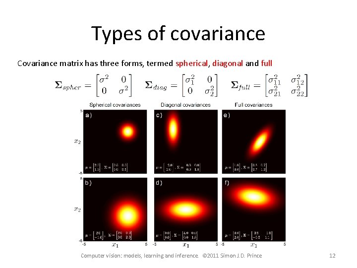 Types of covariance Covariance matrix has three forms, termed spherical, diagonal and full Computer