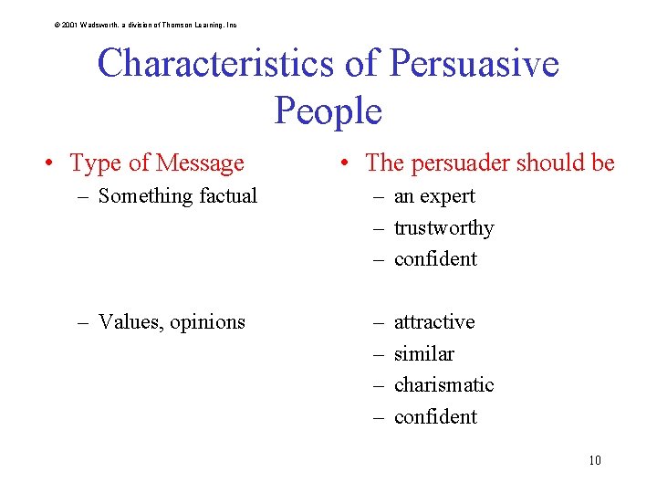 © 2001 Wadsworth, a division of Thomson Learning, Inc Characteristics of Persuasive People •