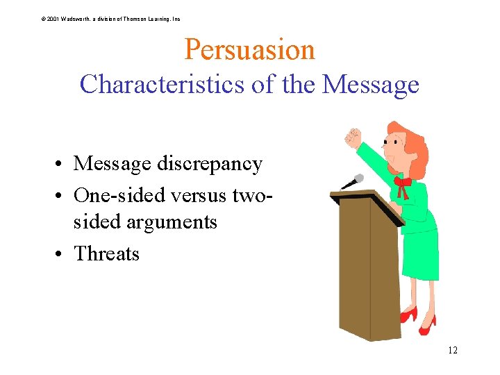 © 2001 Wadsworth, a division of Thomson Learning, Inc Persuasion Characteristics of the Message