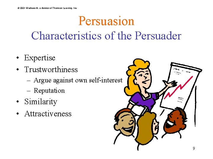 © 2001 Wadsworth, a division of Thomson Learning, Inc Persuasion Characteristics of the Persuader