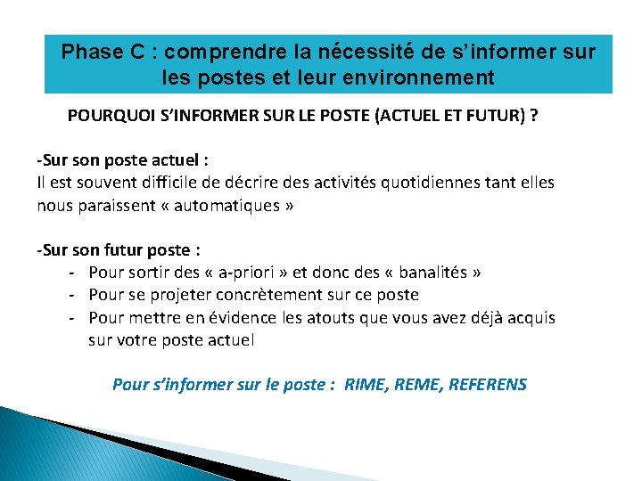 Phase C : comprendre la nécessité de s’informer sur les postes et leur environnement