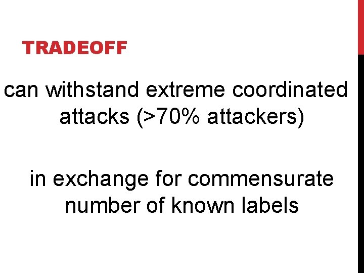TRADEOFF can withstand extreme coordinated attacks (>70% attackers) in exchange for commensurate number of