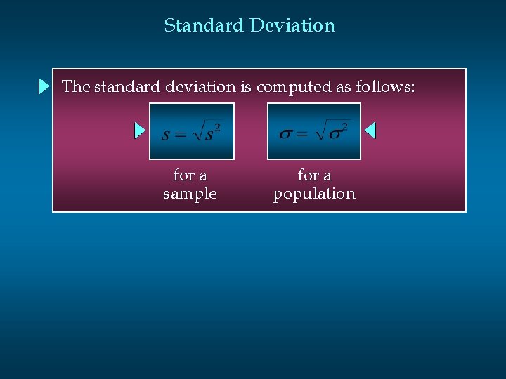 Standard Deviation The standard deviation is computed as follows: for a sample for a