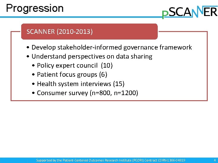 Progression SCANNER (2010 -2013) • Develop stakeholder-informed governance framework • Understand perspectives on data