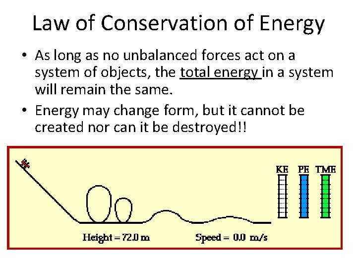 Law of Conservation of Energy • As long as no unbalanced forces act on