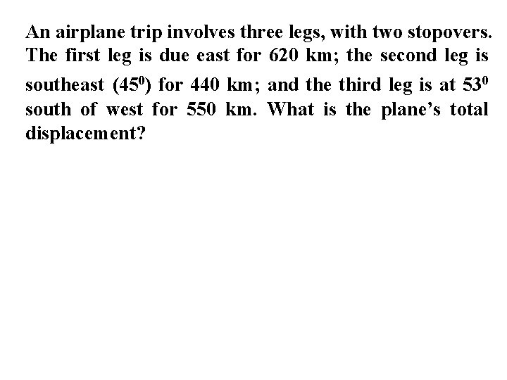 An airplane trip involves three legs, with two stopovers. The first leg is due