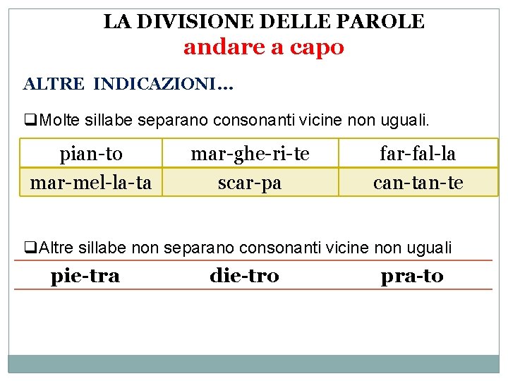 LA DIVISIONE DELLE PAROLE andare a capo ALTRE INDICAZIONI… q. Molte sillabe separano consonanti