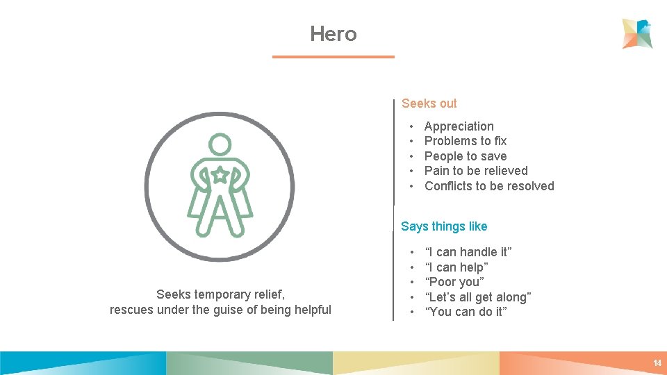 Hero Seeks out • • • Appreciation Problems to fix People to save Pain