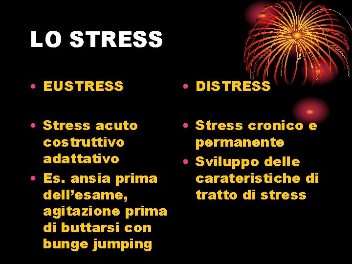 LO STRESS • EUSTRESS • DISTRESS • Stress acuto costruttivo adattativo • Es. ansia