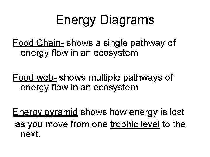 Energy Diagrams Food Chain- shows a single pathway of energy flow in an ecosystem