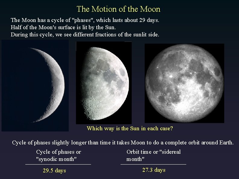 The Motion of the Moon The Moon has a cycle of "phases", which lasts