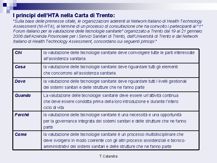 I principi dell’HTA nella Carta di Trento: “Sulla base delle premesse citate, le organizzazioni