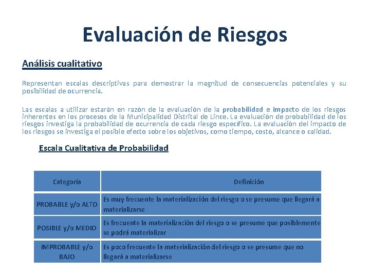 Evaluación de Riesgos Análisis cualitativo Representan escalas descriptivas para demostrar la magnitud de consecuencias