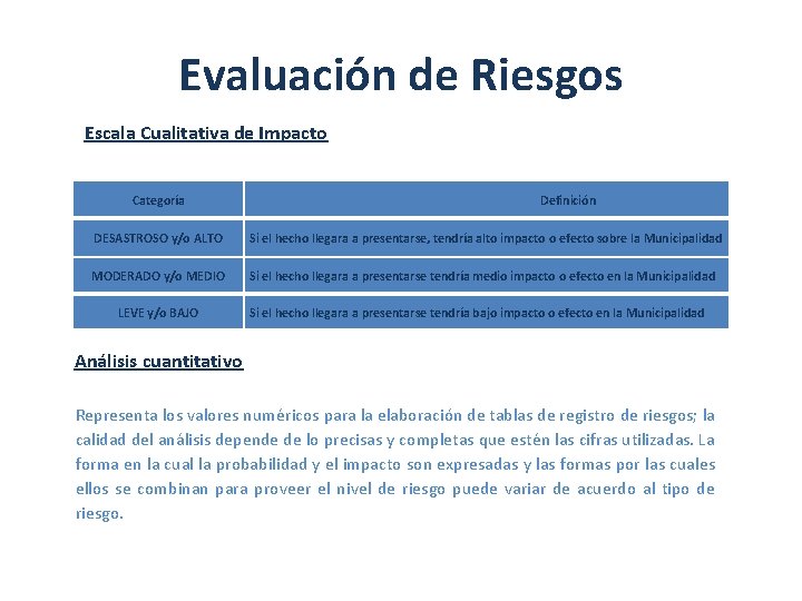 Evaluación de Riesgos Escala Cualitativa de Impacto Categoría Definición DESASTROSO y/o ALTO Si el