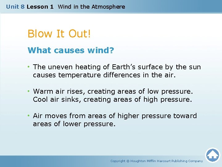 Unit 8 Lesson 1 Wind in the Atmosphere Blow It Out! What causes wind?