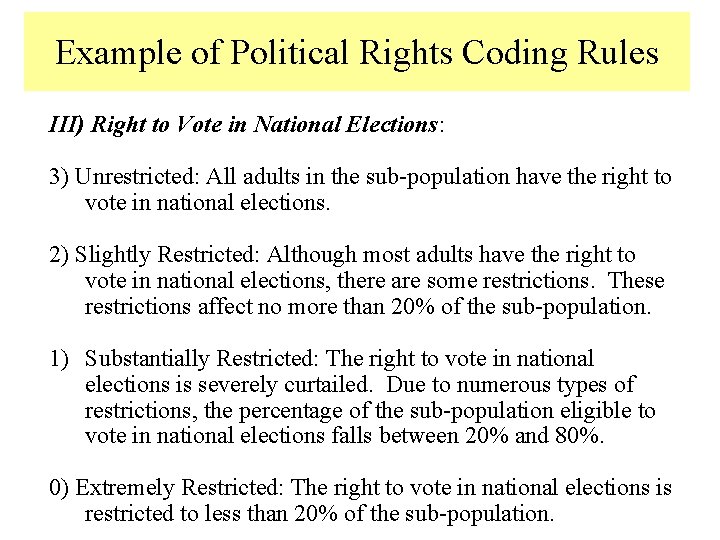 Example of Political Rights Coding Rules III) Right to Vote in National Elections: 3)