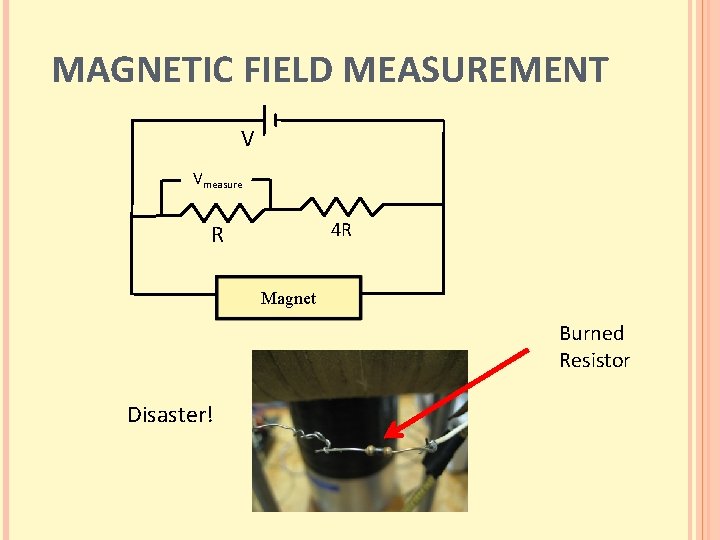 MAGNETIC FIELD MEASUREMENT V Vmeasure 4 R R Magnet Burned Resistor Disaster! 