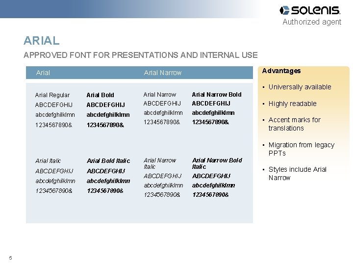 Authorized agent ARIAL APPROVED FONT FOR PRESENTATIONS AND INTERNAL USE Arial Advantages Arial Narrow