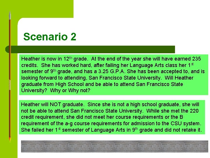 Scenario 2 Heather is now in 12 th grade. At the end of the