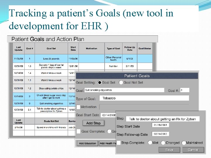 Tracking a patient’s Goals (new tool in development for EHR ) 