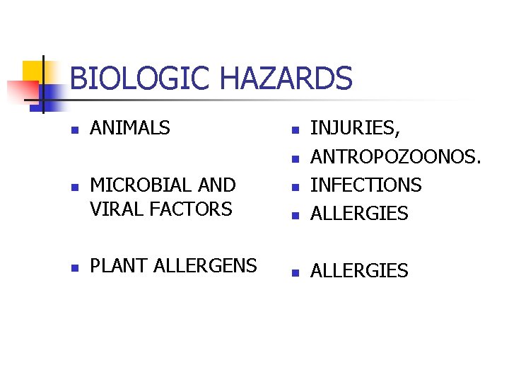BIOLOGIC HAZARDS n ANIMALS n INJURIES, ANTROPOZOONOS. INFECTIONS ALLERGIES n n n n MICROBIAL