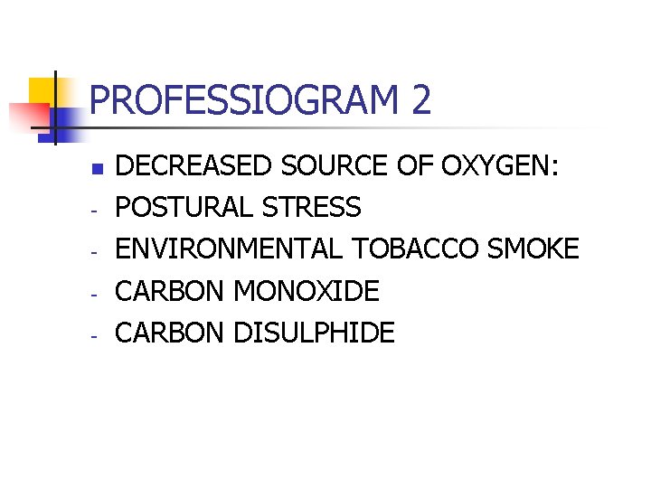 PROFESSIOGRAM 2 n - DECREASED SOURCE OF OXYGEN: POSTURAL STRESS ENVIRONMENTAL TOBACCO SMOKE CARBON