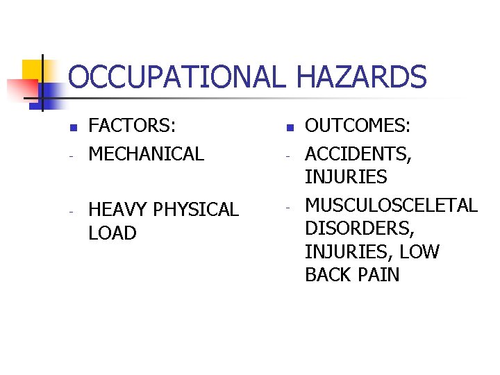 OCCUPATIONAL HAZARDS n - - FACTORS: MECHANICAL HEAVY PHYSICAL LOAD n - - OUTCOMES: