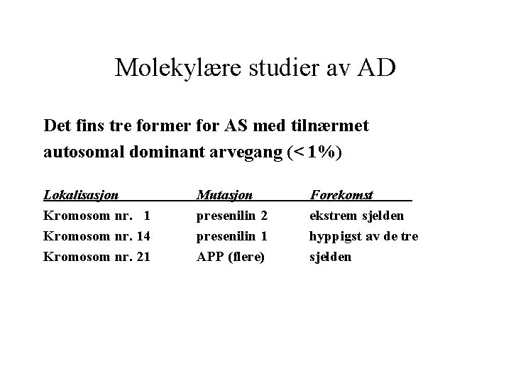 Molekylære studier av AD Det fins tre former for AS med tilnærmet autosomal dominant Molekylære studier av AD Det fins tre former for AS med tilnærmet autosomal dominant