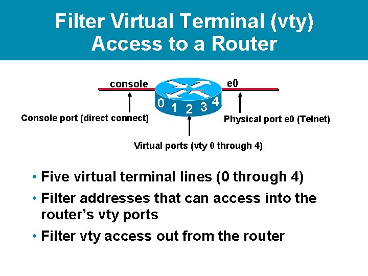 Filter Virtual Terminal (vty) Access to a Router e 0 console Console port (direct Filter Virtual Terminal (vty) Access to a Router e 0 console Console port (direct