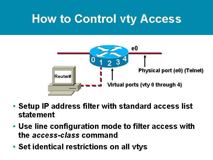 How to Control vty Access e 0 0 1 2 34 Physical port (e How to Control vty Access e 0 0 1 2 34 Physical port (e