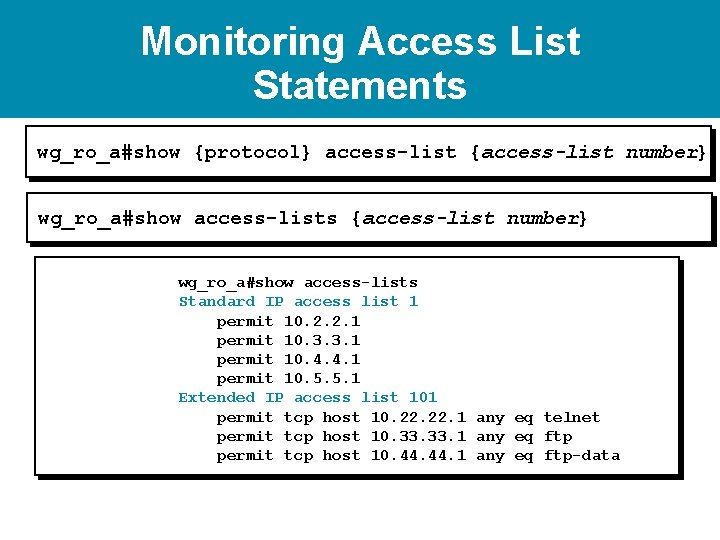 Monitoring Access List Statements wg_ro_a#show {protocol} access-list {access-list number} wg_ro_a#show access-lists Standard IP access Monitoring Access List Statements wg_ro_a#show {protocol} access-list {access-list number} wg_ro_a#show access-lists Standard IP access