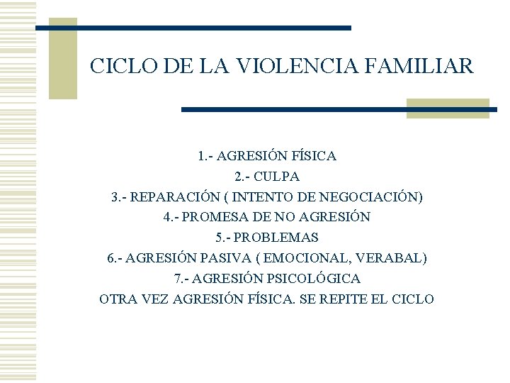 CICLO DE LA VIOLENCIA FAMILIAR 1. - AGRESIÓN FÍSICA 2. - CULPA 3. -