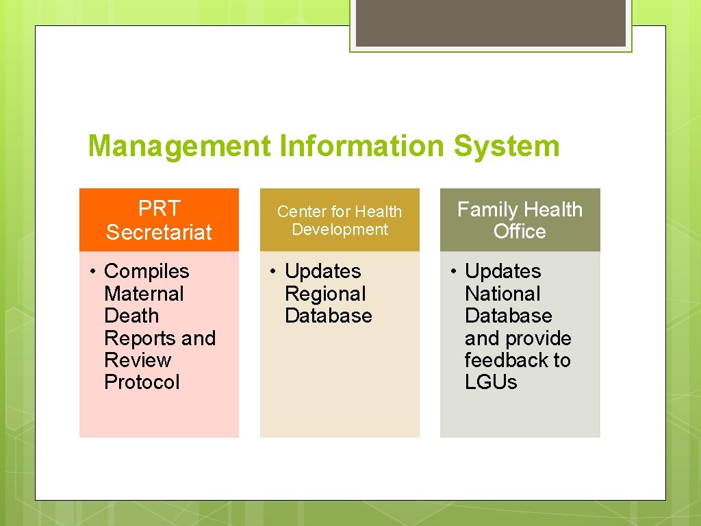 Management Information System PRT Secretariat • Compiles Maternal Death Reports and Review Protocol Center