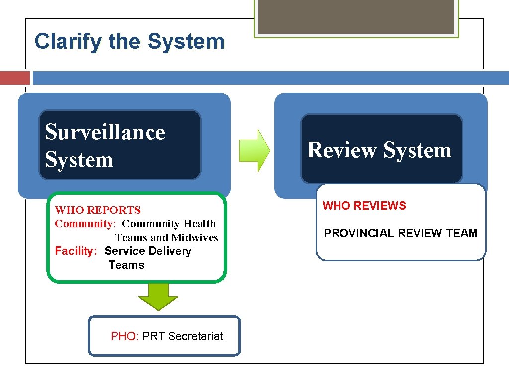 Clarify the System Surveillance System WHO REPORTS Community: Community Health Teams and Midwives Facility: