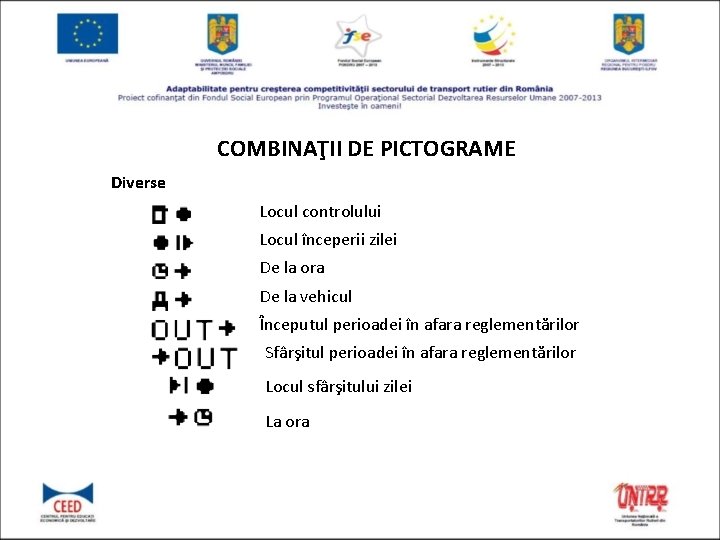 COMBINAŢII DE PICTOGRAME Diverse Locul controlului Locul începerii zilei De la ora De la