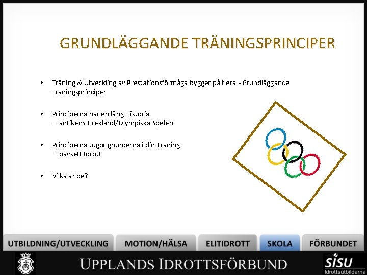 GRUNDLÄGGANDE TRÄNINGSPRINCIPER • Träning & Utveckling av Prestationsförmåga bygger på flera - Grundläggande Träningsprinciper