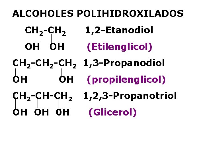 ALCOHOLES POLIHIDROXILADOS CH 2 -CH 2 1, 2 -Etanodiol OH (Etilenglicol) OH CH 2