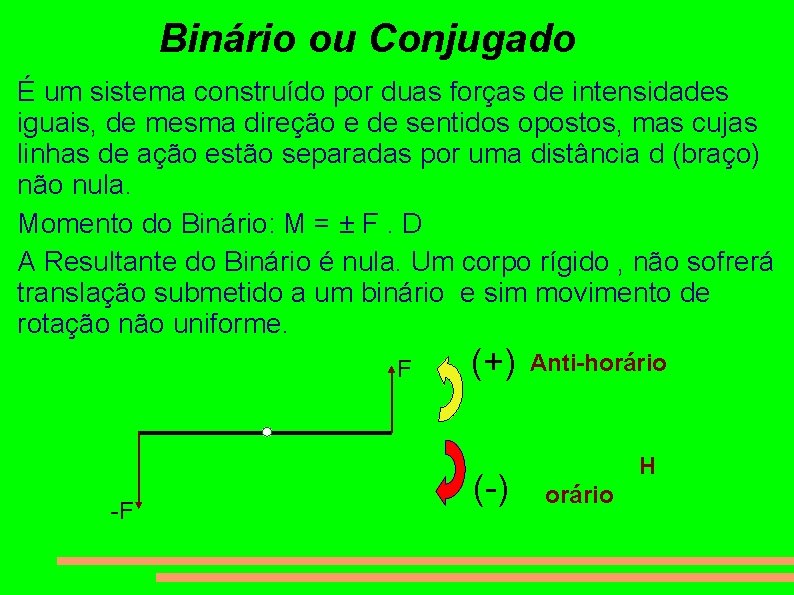 Binário ou Conjugado É um sistema construído por duas forças de intensidades iguais, de