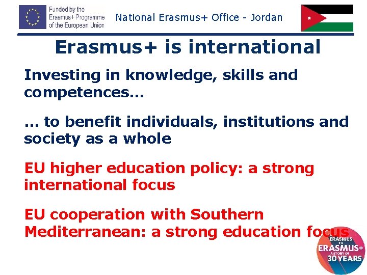 National Erasmus+ Office - Jordan Erasmus+ is international Investing in knowledge, skills and competences…